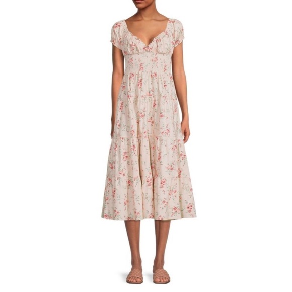 0306 - Puff Sleeve Smocked Midi Dress Dainty Floral Almond Milk - Picture 1 of 6